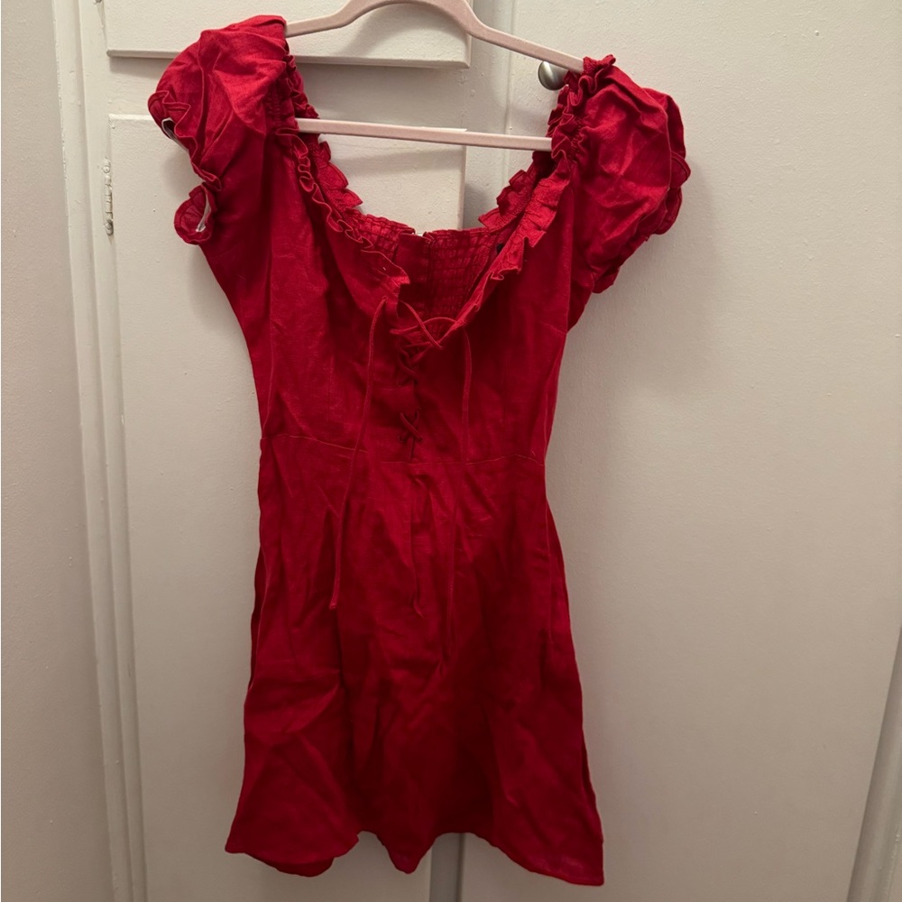 Reformation red puffy sleeve lace up dress